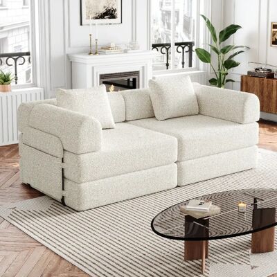 lemonbest Fauteuil convertible 2-en-1 chenille beige, rangement accoudoir, triple cadre métallique - Publicité lemonbest Fauteuil convertible 2-en-1 chenille beige, rangement accoudoir, triple cadre métallique - Publicité