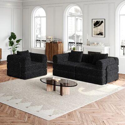lemonbest Canapé-lit convertible 2-en-1 chenille noir (lot de 3), rangement accoudoir - Publicité lemonbest Canapé-lit convertible 2-en-1 chenille noir (lot de 3), rangement accoudoir - Publicité