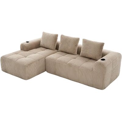 STILVORA Canapé modulable 253/158/61 cm kaki en corduroy avec poches et porte-gobelets - Publicité STILVORA Canapé modulable 253/158/61 cm kaki en corduroy avec poches et porte-gobelets - Publicité
