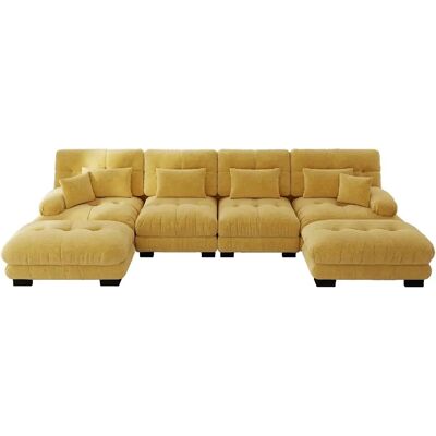 STILVORA Canapé d’angle modulable jaune en chenille avec ottomans mobiles 4 places - Publicité STILVORA Canapé d’angle modulable jaune en chenille avec ottomans mobiles 4 places - Publicité