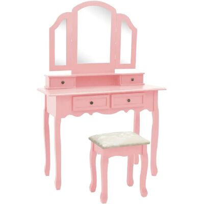 Ensemble coiffeuse rose vidaXL avec tabouret - 100x40x146 cm en bois de paulownia - Publicité Ensemble coiffeuse rose vidaXL avec tabouret - 100x40x146 cm en bois de paulownia - Publicité
