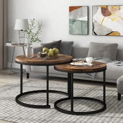 Merax Ensemble De 2 Tables Basses Rondees-table D'appoint Gigogne-Salon-beige Foncé - Publicité Merax Ensemble De 2 Tables Basses Rondees-table D'appoint Gigogne-Salon-beige Foncé - Publicité