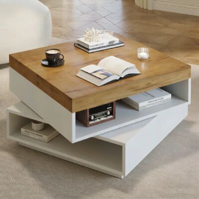 Merax Table Basse Carréee-pivotante à 360°-table De Salon LED-table D'appoint-blanc Et Bois - Publicité Merax Table Basse Carréee-pivotante à 360°-table De Salon LED-table D'appoint-blanc Et Bois - Publicité