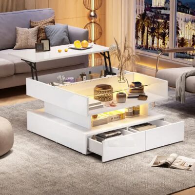 Merax Table Basse Réglable En Hauteur-table De Salon LED-en Verre Trempé Brillant-blanc - Publicité Merax Table Basse Réglable En Hauteur-table De Salon LED-en Verre Trempé Brillant-blanc - Publicité