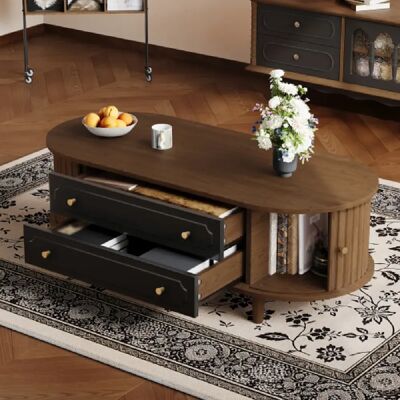 Merax Table Basse De Salon-console Avec Porte Enroulable-table De Salon à 4 Pieds-noyer - Publicité Merax Table Basse De Salon-console Avec Porte Enroulable-table De Salon à 4 Pieds-noyer - Publicité