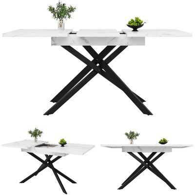 DZMDIP Table à Manger Extensible 120-160x80cm - Pieds Croisés Métal Noir - Mécanisme Télescopique Intelligent - Finition Marbre Blanc - Publicité DZMDIP Table à Manger Extensible 120-160x80cm - Pieds Croisés Métal Noir - Mécanisme Télescopique Intelligent - Finition Marbre Blanc - Publicité