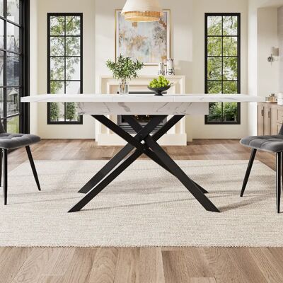 modfu Table à manger extensible 120-160x80 cm, effet marbre blanc, pieds croisés noirs - Publicité modfu Table à manger extensible 120-160x80 cm, effet marbre blanc, pieds croisés noirs - Publicité