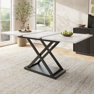 modfu Table à manger extensible 120-160x80 cm, pieds croisés noirs, effet marbre blanc - Publicité modfu Table à manger extensible 120-160x80 cm, pieds croisés noirs, effet marbre blanc - Publicité