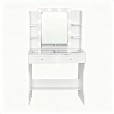 Generic Home Coiffeuse blanche avec miroir LED et plateau en verre, table de maquillage avec rangement et 2 tiroirs - Publicité Generic Home Coiffeuse blanche avec miroir LED et plateau en verre, table de maquillage avec rangement et 2 tiroirs - Publicité