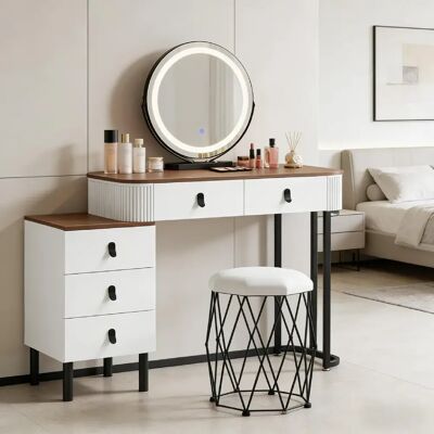 Generic Home Coiffeuse moderne avec miroir LED rond, table de maquillage avec 5 tiroirs et tabouret rembourré inclus - Publicité Generic Home Coiffeuse moderne avec miroir LED rond, table de maquillage avec 5 tiroirs et tabouret rembourré inclus - Publicité