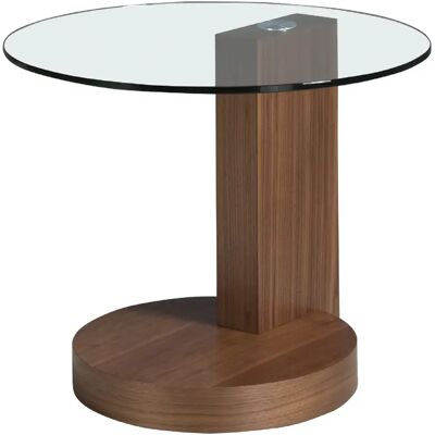 Angel Cerda Table d'angle ronde en verre trempé et noyer - Publicité Angel Cerda Table d'angle ronde en verre trempé et noyer - Publicité