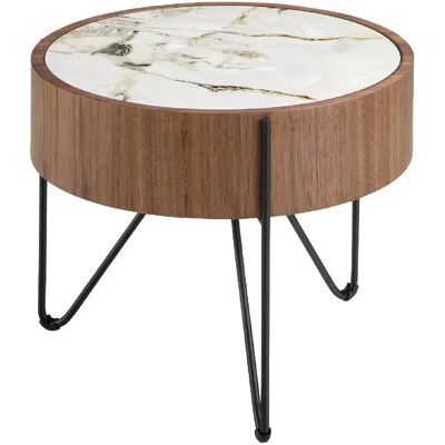 Angel Cerda Table d'angle ronde en marbre porcelaine, noyer et acier noir - Publicité Angel Cerda Table d'angle ronde en marbre porcelaine, noyer et acier noir - Publicité