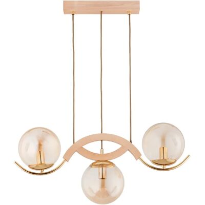 Suspension barre bois, globes verre ambre, 3xE14 Alfa - Publicité Suspension barre bois, globes verre ambre, 3xE14 Alfa - Publicité