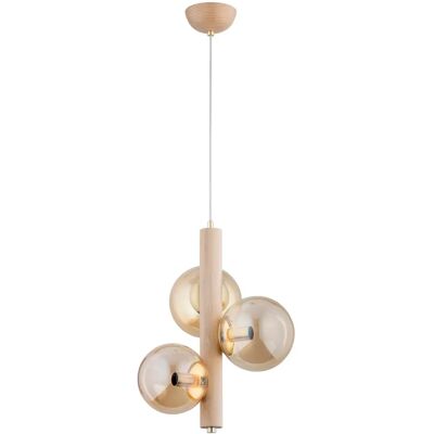 Suspension scandinave bois verre ambre 3xE14 Alfa - Publicité Suspension scandinave bois verre ambre 3xE14 Alfa - Publicité