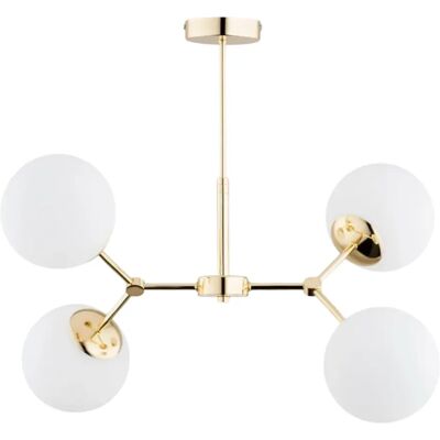 Suspension moderne laiton, 4 globes blancs E14 Alfa - Publicité Suspension moderne laiton, 4 globes blancs E14 Alfa - Publicité