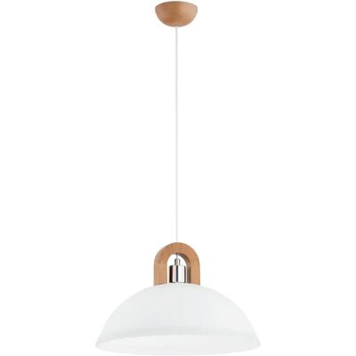 Alfa Suspension bois clair, globe verre blanc chrome E27 - Publicité Alfa Suspension bois clair, globe verre blanc chrome E27 - Publicité