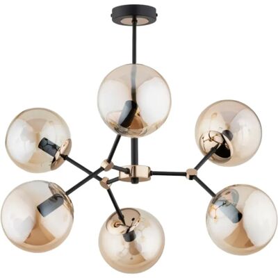 Suspension noire dorée 6xE14 globes ambre Alfa Foton - Publicité Suspension noire dorée 6xE14 globes ambre Alfa Foton - Publicité