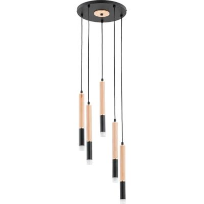 Suspension ronde tubes RODEO noir/bois clair 5xG9 Alfa - Publicité Suspension ronde tubes RODEO noir/bois clair 5xG9 Alfa - Publicité