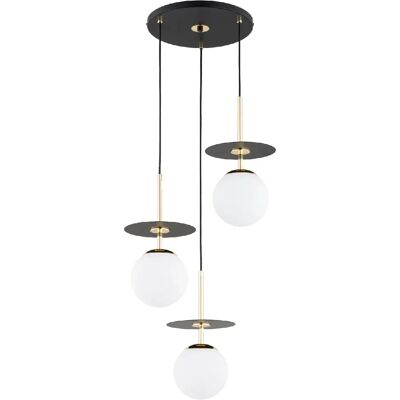 Suspension métal noir-or 3 globes blancs E14 Alfa - Publicité Suspension métal noir-or 3 globes blancs E14 Alfa - Publicité