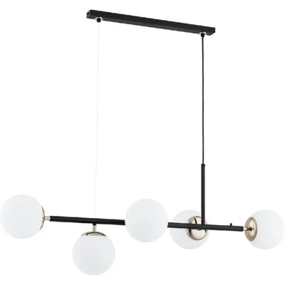 Alfa Suspension moderne noire à boules blanches dorées 5xE14 - Publicité Alfa Suspension moderne noire à boules blanches dorées 5xE14 - Publicité