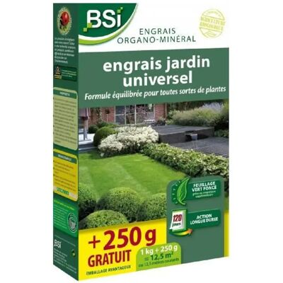 Engrais Bio Universel - BSI - Végétaux Multiples - Gazon, Potager, Fleurs - Action Longue Durée - 1Kg + 250g Offert - 12,5 m - Publicité Engrais Bio Universel - BSI - Végétaux Multiples - Gazon, Potager, Fleurs - Action Longue Durée - 1Kg + 250g Offert - 12,5 m - Publicité