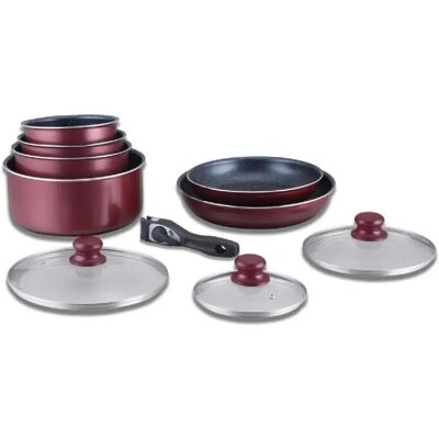 Batterie de cuisine revêtement pierre avec manche amovible 10 pieces bordeaux Herzberg HG5000-BR - Publicité Batterie de cuisine revêtement pierre avec manche amovible 10 pieces bordeaux Herzberg HG5000-BR - Publicité