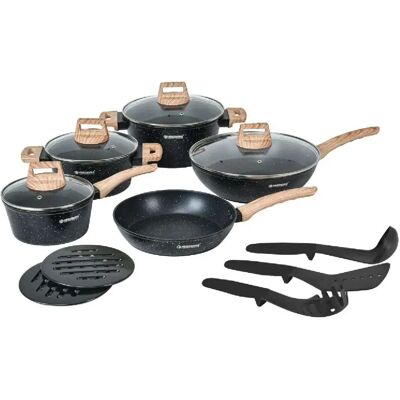 Batterie de cuisine 14 pièces avec revêtement en granit et manche en bois Noir Herzberg HGWDMRB14-BLK - Publicité Batterie de cuisine 14 pièces avec revêtement en granit et manche en bois Noir Herzberg HGWDMRB14-BLK - Publicité