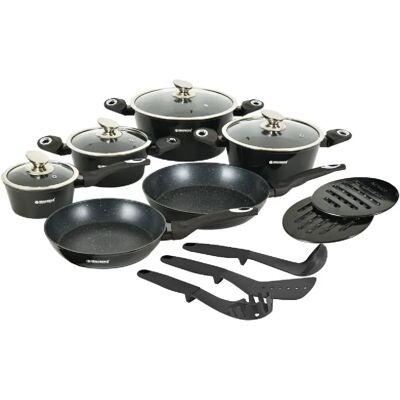 Batterie de cuisine 15 pièces avec revêtement en marbe Noir Herzberg HGMETBK15-BLK - Publicité Batterie de cuisine 15 pièces avec revêtement en marbe Noir Herzberg HGMETBK15-BLK - Publicité