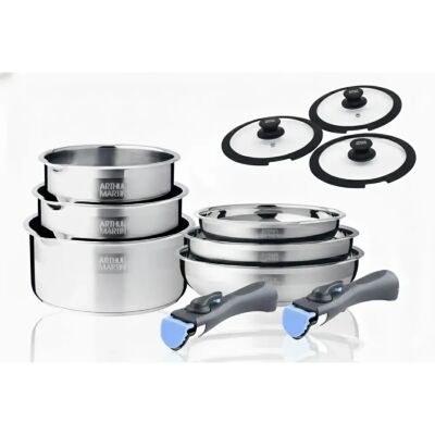 Batterie de cuisine inox 11 pieces avec 2 manches amovibles et 3 couvercles en silicone Arthur Martin - Publicité Batterie de cuisine inox 11 pieces avec 2 manches amovibles et 3 couvercles en silicone Arthur Martin - Publicité