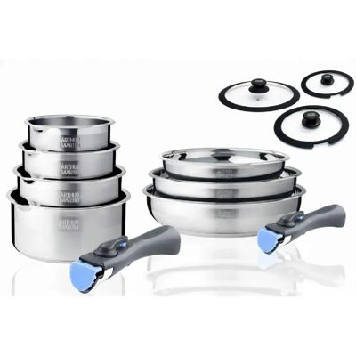 Batterie de cuisine inox 12 pieces avec 2 manches amovibles et 3 couvercles en silicone Arthur Martin - Publicité Batterie de cuisine inox 12 pieces avec 2 manches amovibles et 3 couvercles en silicone Arthur Martin - Publicité