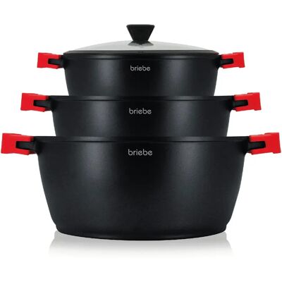 Briebe Batterie de Cuisine Induction 6 Pièces Aluminium Fonte 3 Casseroles 3 Couvercles BLACKT3 Br - Publicité Briebe Batterie de Cuisine Induction 6 Pièces Aluminium Fonte 3 Casseroles 3 Couvercles BLACKT3 Br - Publicité