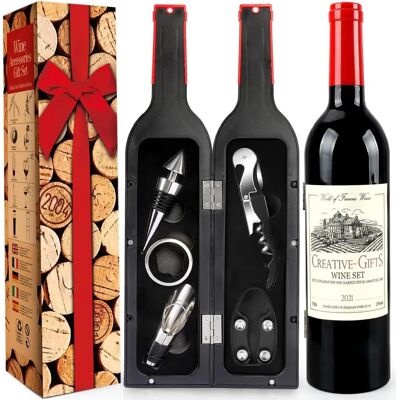 Vendos85 Coffret 5 pièces accessoires vin en forme de bouteille - Publicité Vendos85 Coffret 5 pièces accessoires vin en forme de bouteille - Publicité