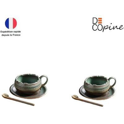 Decopine – Lot de 2 tasses à café 150 ml en céramique verte avec soucoupes et cuillères - Publicité Decopine – Lot de 2 tasses à café 150 ml en céramique verte avec soucoupes et cuillères - Publicité