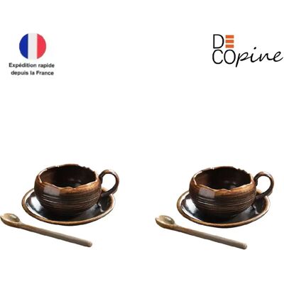 Lot de 2 tasses à café en céramique – Marron – Style Wabi-Sabi – Decopine - Publicité Lot de 2 tasses à café en céramique – Marron – Style Wabi-Sabi – Decopine - Publicité