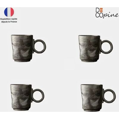 Lot de 4 tasses à café 150 ml en céramique noire – style wabi-sabi – fait main – Decopine - Publicité Lot de 4 tasses à café 150 ml en céramique noire – style wabi-sabi – fait main – Decopine - Publicité