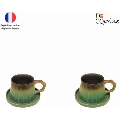 Tasses à café en grès vert 330 ml avec soucoupe – Lot de 2 Decopine - Publicité Tasses à café en grès vert 330 ml avec soucoupe – Lot de 2 Decopine - Publicité