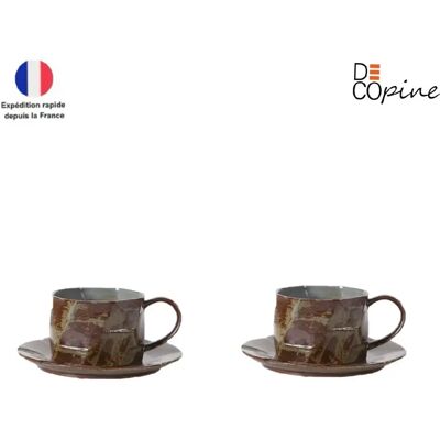 Set de 2 tasses à café en grès brun avec soucoupe – Style Wabi-Sabi Decopine - Publicité Set de 2 tasses à café en grès brun avec soucoupe – Style Wabi-Sabi Decopine - Publicité
