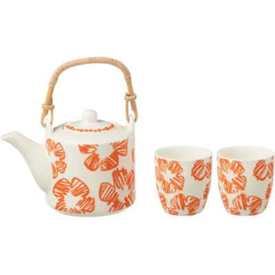 J-Line Set théière et 2 mugs en céramique fleur orange 600ml - Publicité J-Line Set théière et 2 mugs en céramique fleur orange 600ml - Publicité