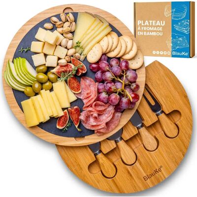 BlauKe Plateau à Fromages en Bois avec Couteaux et Ardoise Amovible – Excellente Idée Cadeau - Publicité BlauKe Plateau à Fromages en Bois avec Couteaux et Ardoise Amovible – Excellente Idée Cadeau - Publicité