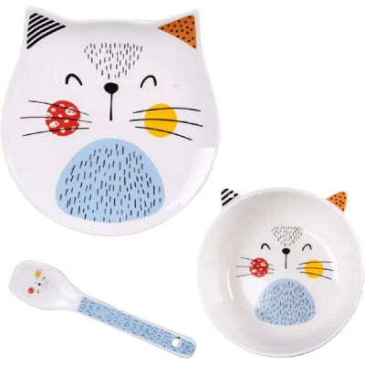Service enfant en porcelaine avec chat 3 pièces - Publicité Service enfant en porcelaine avec chat 3 pièces - Publicité