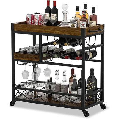 Vendos85 Chariot de bar 3 niveaux avec porte-bouteilles et porte-verres - Publicité Vendos85 Chariot de bar 3 niveaux avec porte-bouteilles et porte-verres - Publicité