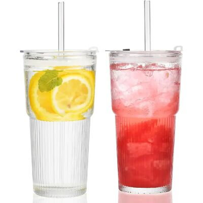 Vendos85 Set de 2 Gobelets en Verre avec Couvercles et Pailles - Publicité Vendos85 Set de 2 Gobelets en Verre avec Couvercles et Pailles - Publicité