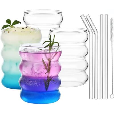 Vendos85 Lot de 4 verres ondulés vintage 355 ml avec pailles - Publicité Vendos85 Lot de 4 verres ondulés vintage 355 ml avec pailles - Publicité