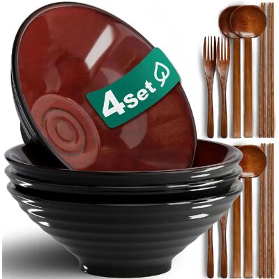 Vendos85 Lot de 4 bols ramen 1200 ml – céramique et ustensiles bois - Publicité Vendos85 Lot de 4 bols ramen 1200 ml – céramique et ustensiles bois - Publicité