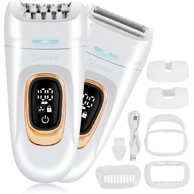 Hatteker HT-582 2-en-1 Épilateur et rasoir pour femmes , sans fil, rechargeable par USB, 2 vitesses, blanc - Publicité Hatteker HT-582 2-en-1 Épilateur et rasoir pour femmes , sans fil, rechargeable par USB, 2 vitesses, blanc - Publicité
