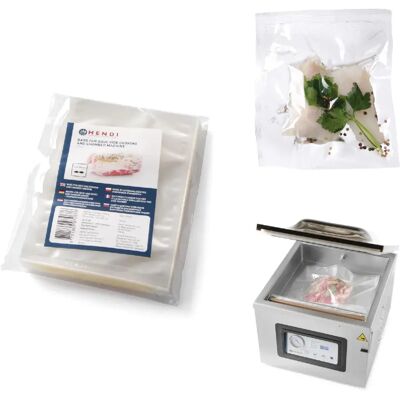 Hendi Sacs de cuisson sous vide et sacs d'emballage sous vide pour machines à cloche, 150x250 mm, 100 pièces. Publicité Hendi Sacs de cuisson sous vide et sacs d'emballage sous vide pour machines à cloche, 150x250 mm, 100 pièces. Publicité