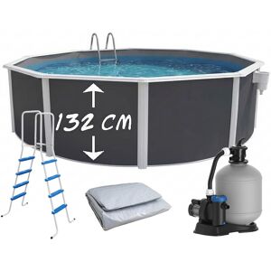 Piscine hors-sol acier TOI MAGNUM ANTHRACITE ronde Ø 350 x 132 cm, structure acier galvanisé laqué anthracite 40/100e, liner gris 40/100e traité anti-UV, filtre à sable 6 m³/h avec pompe 450 W, skimmer grande bouche, échelle haute, tapis de sol protecteur, volume 11 500 litres, garantie TOI structure 3 ans, liner 1 an, filtration 3 ans. Référence TOI 2628. image