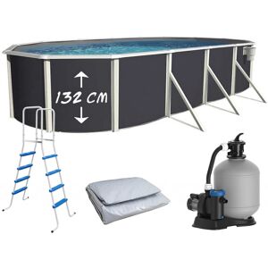 Piscine hors-sol acier TOI MAGNUM ANTHRACITE ovale 915 x 457 x 132 cm, parois acier galvanisé laqué anthracite 40/100e, colonnes et margelles blanches, liner gris 40/100e traité anti-UV, platine de filtration à sable 8,5 m³/h avec pompe et skimmer, échelle double haute 8 échelons polypropylène avec sécurité enfant, tapis de sol polyéthylène, visserie et guide de montage inclus. Garantie TOI : structure 3 ans, liner 1 an, filtration 3 ans. image