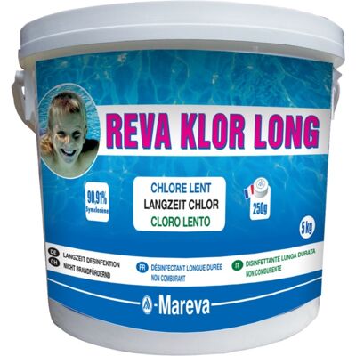 Traitement piscine Mareva REVA KLOR LONG galets 250g seau 5kg - Publicité Traitement piscine Mareva REVA KLOR LONG galets 250g seau 5kg - Publicité