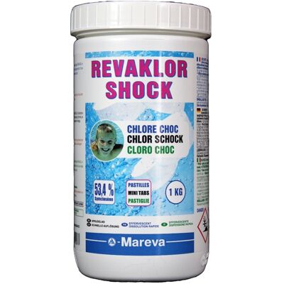Traitement Mareva chlore choc REVAKLOR SHOCK pastilles 20g pot 1kg - Publicité Traitement Mareva chlore choc REVAKLOR SHOCK pastilles 20g pot 1kg - Publicité